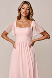 Candy Pink A Line vierkante hals chiffon bruidsmeisjesjurk