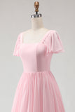 Candy Pink A Line Chiffon Chiffon lange bruidsmeisjesjurk met vierkante hals