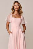 Candy Pink A Line vierkante hals chiffon bruidsmeisjesjurk