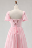 Candy Pink A Line Chiffon Chiffon lange bruidsmeisjesjurk met vierkante hals
