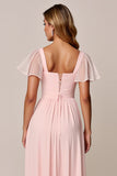 Candy Pink A Line vierkante hals chiffon bruidsmeisjesjurk