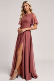 Vintage Mauve A Line Chiffon bruidsmeisje jurk