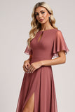 Vintage Mauve A Line Chiffon bruidsmeisje jurk