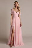 Candy Pink A Line bruidsmeisjesjurk met korte mouwen