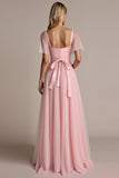 Candy Pink A Line bruidsmeisjesjurk met korte mouwen