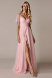 Candy Pink A Line bruidsmeisjesjurk met korte mouwen