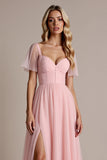 Candy Pink A Line bruidsmeisjesjurk met korte mouwen