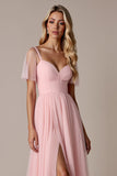 Candy Pink A Line bruidsmeisjesjurk met korte mouwen