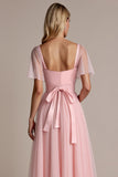 Candy Pink A Line bruidsmeisjesjurk met korte mouwen