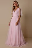 Candy Pink A Line V-hals bruidsmeisjesjurk