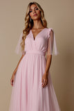 Candy Pink A Line V-hals bruidsmeisjesjurk