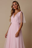 Candy Pink A Line V-hals bruidsmeisjesjurk