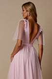 Candy Pink A Line V-hals bruidsmeisjesjurk
