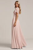 Roze Kant Chiffon A Line Bruidsmeisje Jurk