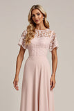 Roze Kant Chiffon A Line Bruidsmeisje Jurk