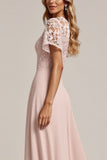 Roze Kant Chiffon A Line Bruidsmeisje Jurk