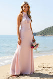 Candy Pink Halter Lange Bruidsmeisjesjurk