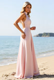 Candy Pink Halter Lange Bruidsmeisjesjurk