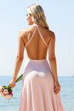 Candy Pink Halter Lange Bruidsmeisjesjurk