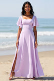 Lila chiffon A Line lange bruidsmeisjesjurk