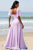 Lila chiffon A Line lange bruidsmeisjesjurk