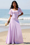 Lila chiffon A Line lange bruidsmeisjesjurk