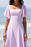Lila chiffon A Line lange bruidsmeisjesjurk