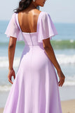 Lila chiffon A Line lange bruidsmeisjesjurk