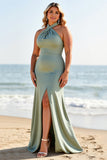 Eucalyptus Plus Size zeemeermin lange bruidsmeisjesjurk met split