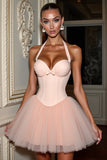 Blush Halter Korset Korte Homecoming Jurk Met Strik