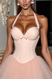 Blush Halter Korset Korte Homecoming Jurk Met Strik