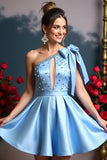 One Shoulder Sky Blue Beaded Homecoming Jurk