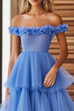 Off The Shoulder Blauwe Gelaagde Formele Jurk Met Ruches