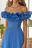 Off The Shoulder Blauwe A-lijn formele jurk met split