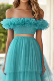 Off The Shoulder Lake Blue gelaagde formele jurk
