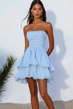 Sky Blue A Line Strapless Chiffon Korte Cocaktail Jurk met Ruches