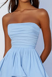 Sky Blue A Line Strapless Chiffon Korte Cocaktail Jurk met Ruches