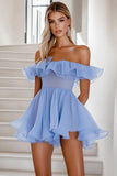 Blauwe A-lijn gegolfde chiffon mini-cocktailjurk