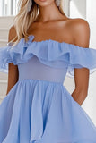 Blauwe A-lijn gegolfde chiffon mini-cocktailjurk