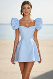 Sky Blue A Line Mini Vierkante Hals Cocktailjurk met Mouwen