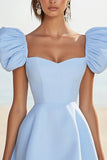 Sky Blue A Line Mini Vierkante Hals Cocktailjurk met Mouwen