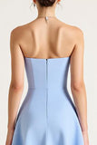 Strapless hemelsblauwe A Line Midi cocktailjurk