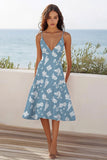 Blauw Wit Bloem A Line V-Hals Midi Boho Jurk