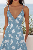 Blauw Wit Bloem A Line V-Hals Midi Boho Jurk