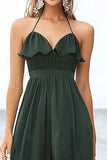 Chiffon donkergroene halter A Line Midi zomerjurk