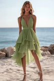 Gegolfde A-lijn V-hals chiffon groene zomerjurk