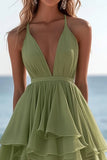 Gegolfde A-lijn V-hals chiffon groene zomerjurk