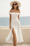 Strapless witte midi-afstudeerjurk met ruches en split