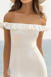Strapless witte midi-afstudeerjurk met ruches en split
