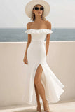 Off The Shoulder Witte Chiffon Gegolfde Vakantie Jurk